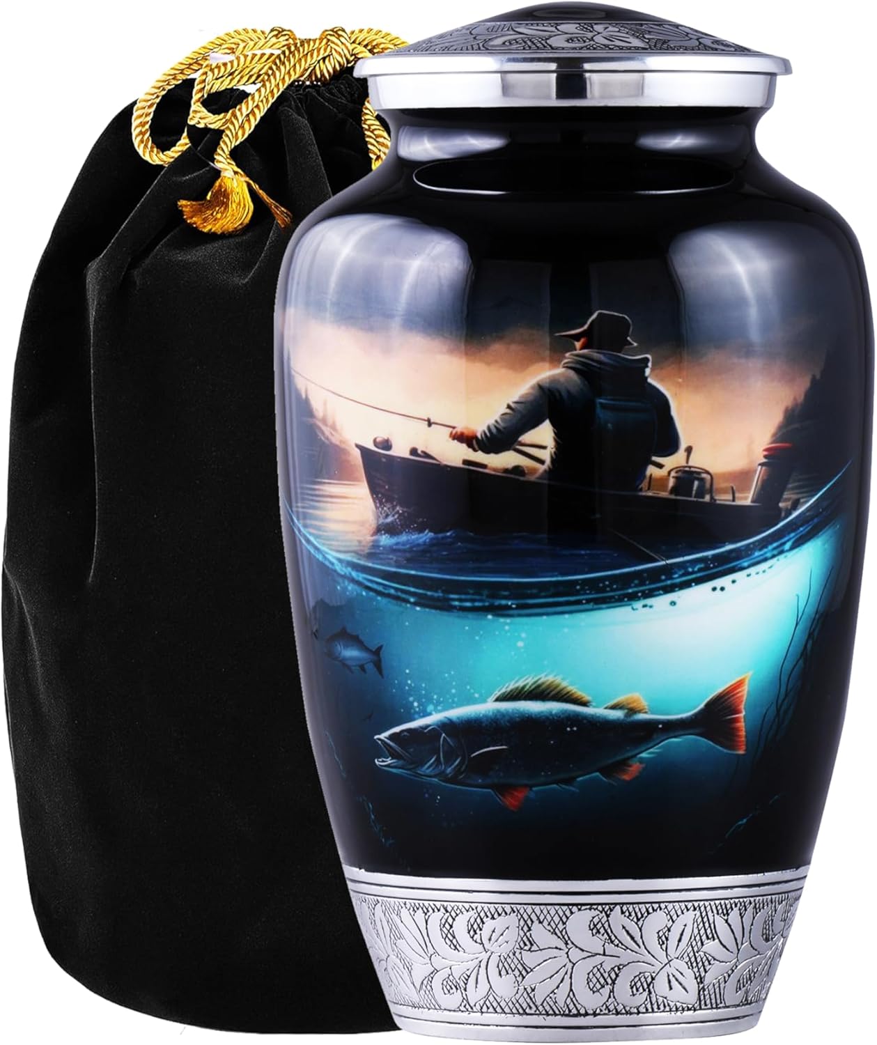 Fishing Cremation Urn for Human Ashes | Adult Cremation Urn for Ashes, Urn for Men & Women, Handmade Funeral Urns with Velvet Bag 200cubic Inch. (Black Engraved, Adult)