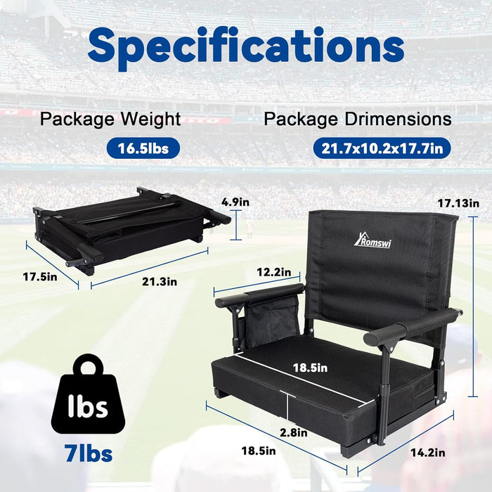 Romswi 2 Pack Stadium Seats with Back Support & Armrests, 2.8" Padded Bleacher Chairs with Cup Holders & Hooks, Portable Folding Stadium Chairs for Bleachers, Football Games & Outdoor Events, Black