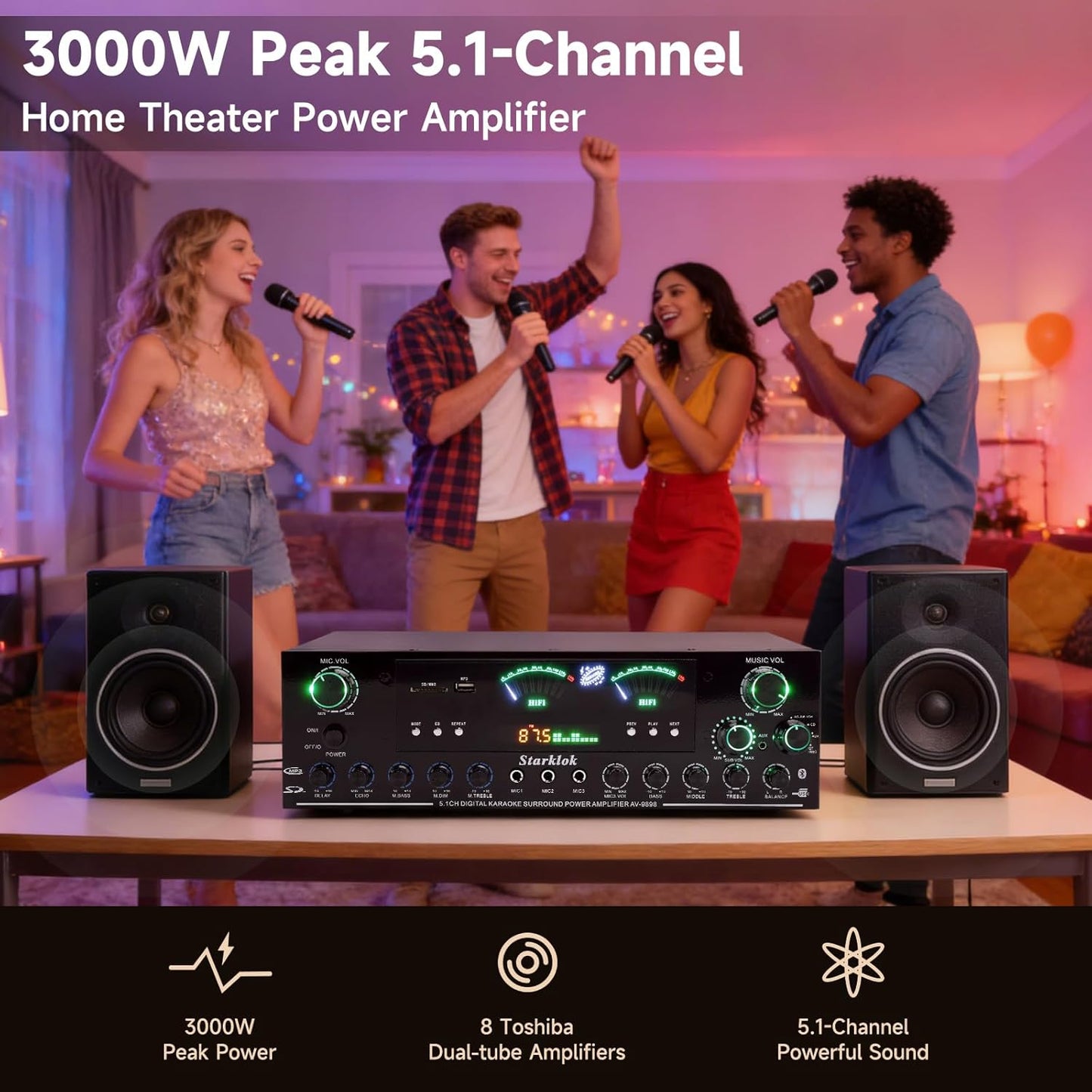 3000W Peak 5.1-Channel Home Audio Power Amplifier – HiFi Stereo Amplifier with Subwoofer, 3 Microphone Inputs, USB/SD Card Reader, Remote Control for Karaoke & Home Theater