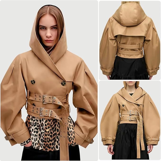 Wuitrie Women's Vintage Leather Hooded Coat Puff Sleeve Belted Waist Oversized Short Jacket Fall Casual Vacation Outwear