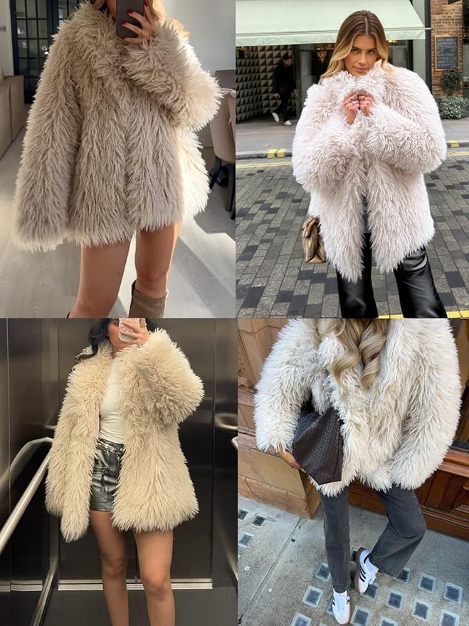 Tankaneo Womens Oversized Faux Fur Coat Lapel Collar Open Front Fuzzy Jackets Winter Warm Fluffy Outerwear