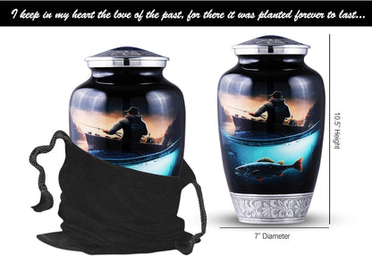 Fishing Cremation Urn for Human Ashes | Adult Cremation Urn for Ashes, Urn for Men & Women, Handmade Funeral Urns with Velvet Bag 200cubic Inch. (Black Engraved, Adult)