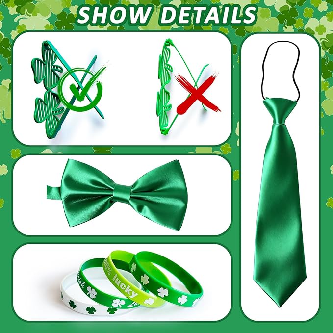 St. Patrick's Day Party Accessories Set, 52 Pcs Irish Celebration Costume Kit for adults with Hats, Bow Ties,Necktie,Beards,Shamrock Glasses, Necklaces,Wristbands,Sash for Irish Party Supplies