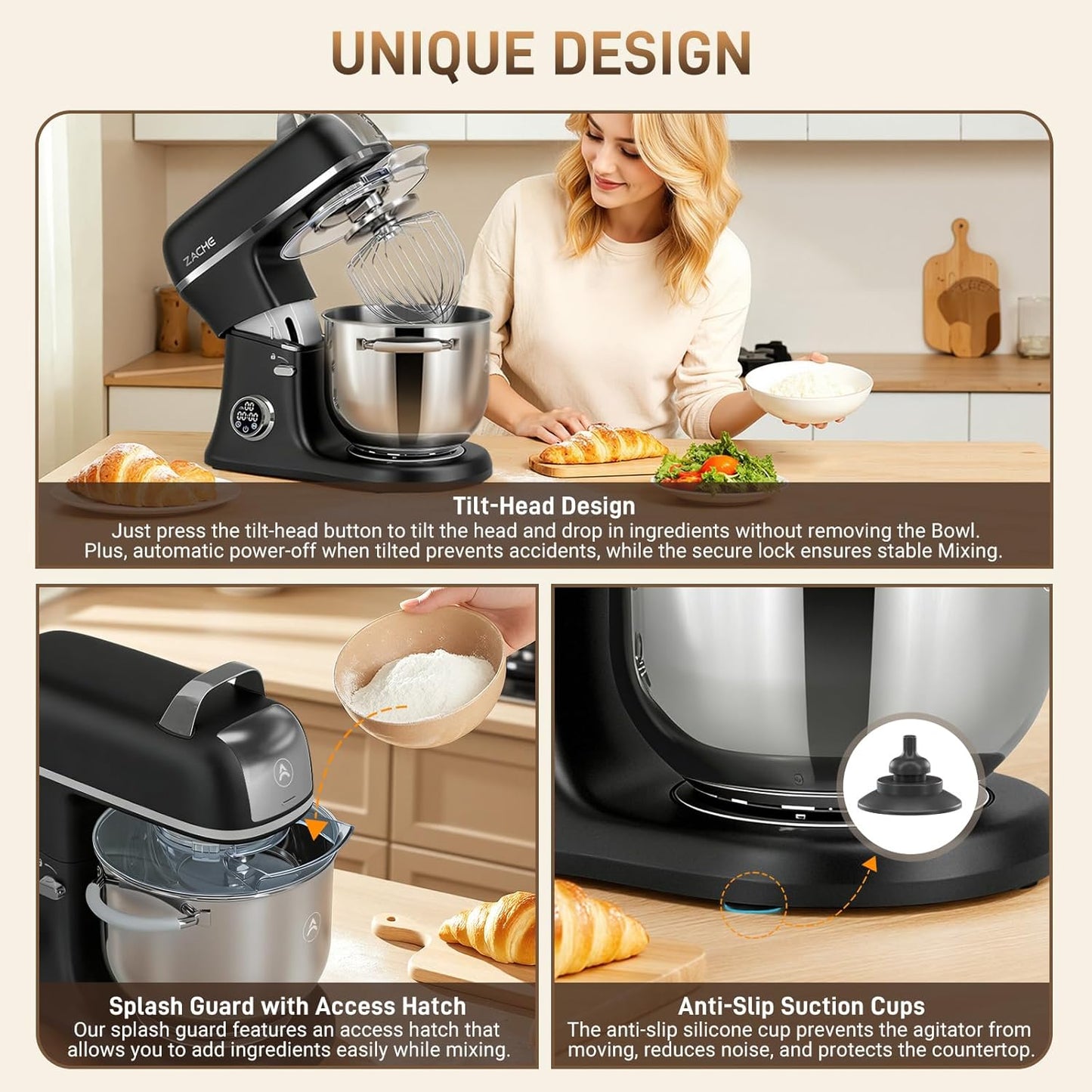 Zacme 7 Quart Stand Mixer Aluminum Die Casting, 650W 12 Speed Tilt-Head Kitchen Electric-Black Stand Mixer, Household Food Mixer with Stainless Steel Bowl, Dough Hook, Whisk and Beater (Black)
