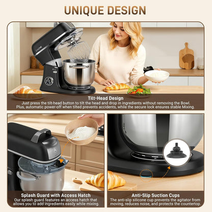 Zacme 7 Quart Stand Mixer Aluminum Die Casting, 650W 12 Speed Tilt-Head Kitchen Electric-Black Stand Mixer, Household Food Mixer with Stainless Steel Bowl, Dough Hook, Whisk and Beater (Black)