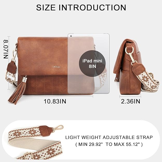 HILAEX Leather Crossbody Bag for Women Shoulder Handbag Multiple Pockets Adjustable Guitar Strap Tassel Trendy Travel