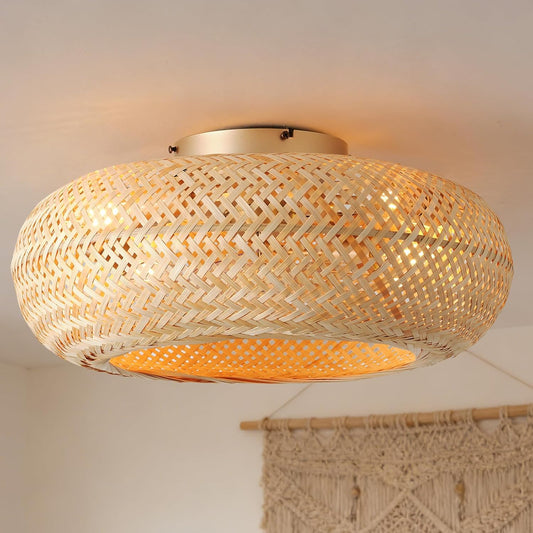 20in Boho Ceiling Fans with Lights,Rattan Caged Low Profile Ceiling Fan with Light,6 Speeds Timer Reversible DC Motor for Living Room Bedroom Dining Room