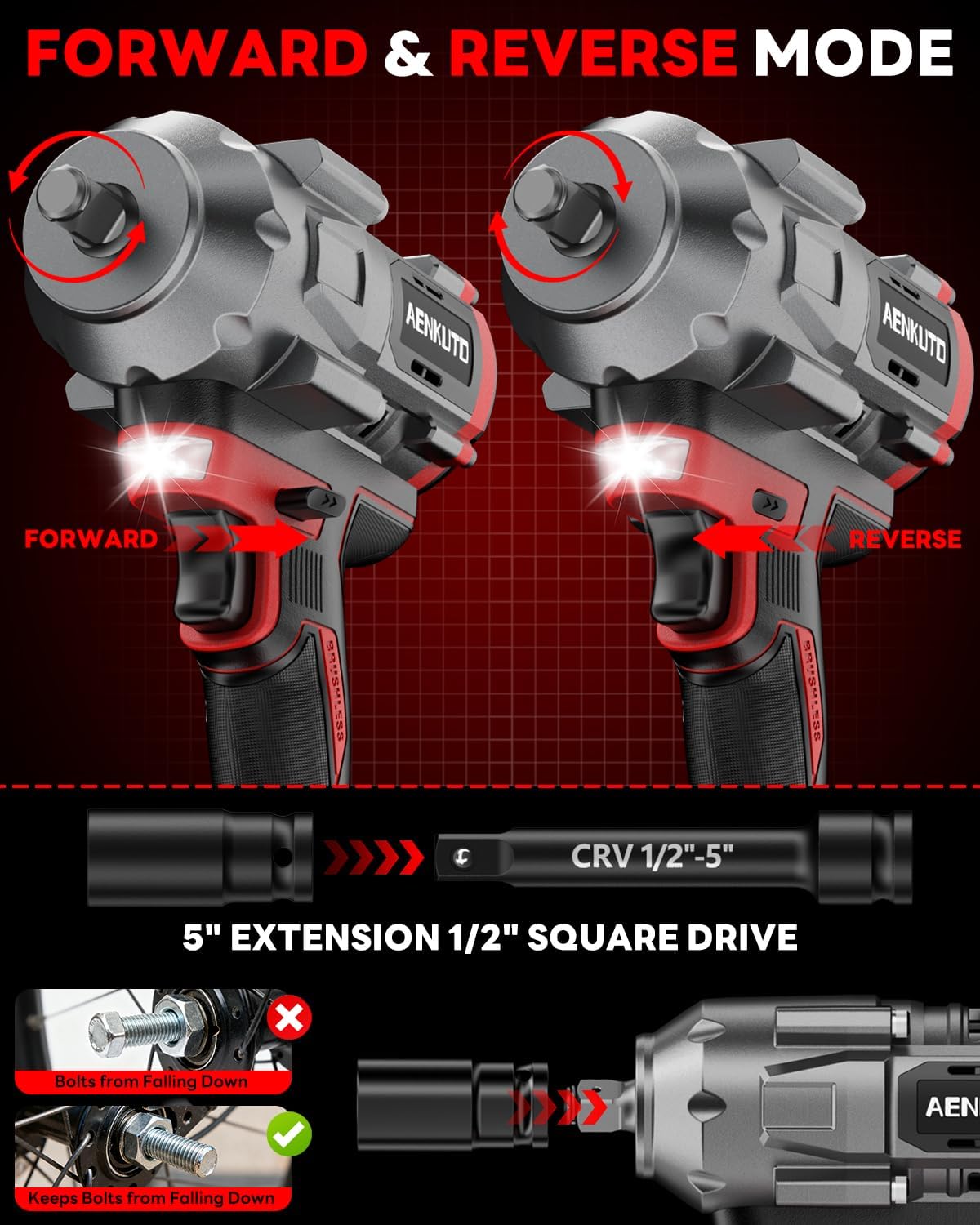 Cordless Impact Wrench for Milwaukee 18V,1500Nm (1106 Ft-Lbs) 1/2" Brushless Impact Gun, LED Work Light, 3-Speed High Torque Power Tool for Tire Removal, Rusted Bolts (No Battery)