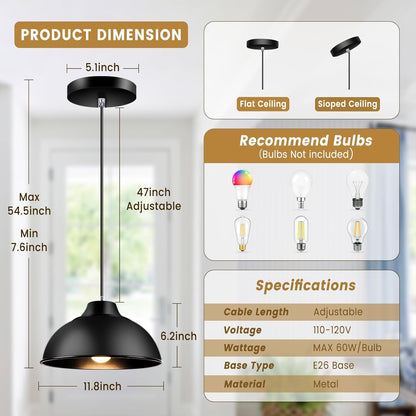 Farmhouse Pendant Lights Kitchen Island Black 12inch Hanging Light Fixture Industrial Pendant Light Fixtures for Ceiling, Living Room, Kitchen, Dining Room, Bedroom, Corridor (E26 Base) (Black)