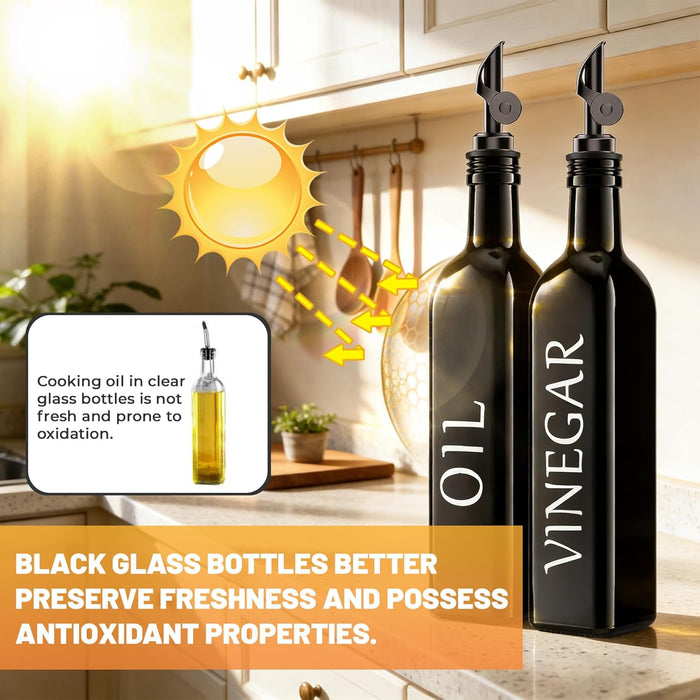 Oil and Vinegar Dispenser Set of 2, 17oz/500ml Extra Thick Glass Oil & Vinegar Cruet with Stainless Steel Pourer, Leak‑Proof Spout, Funnel & Cleaning Brush for Kitchen Cooking (Black)