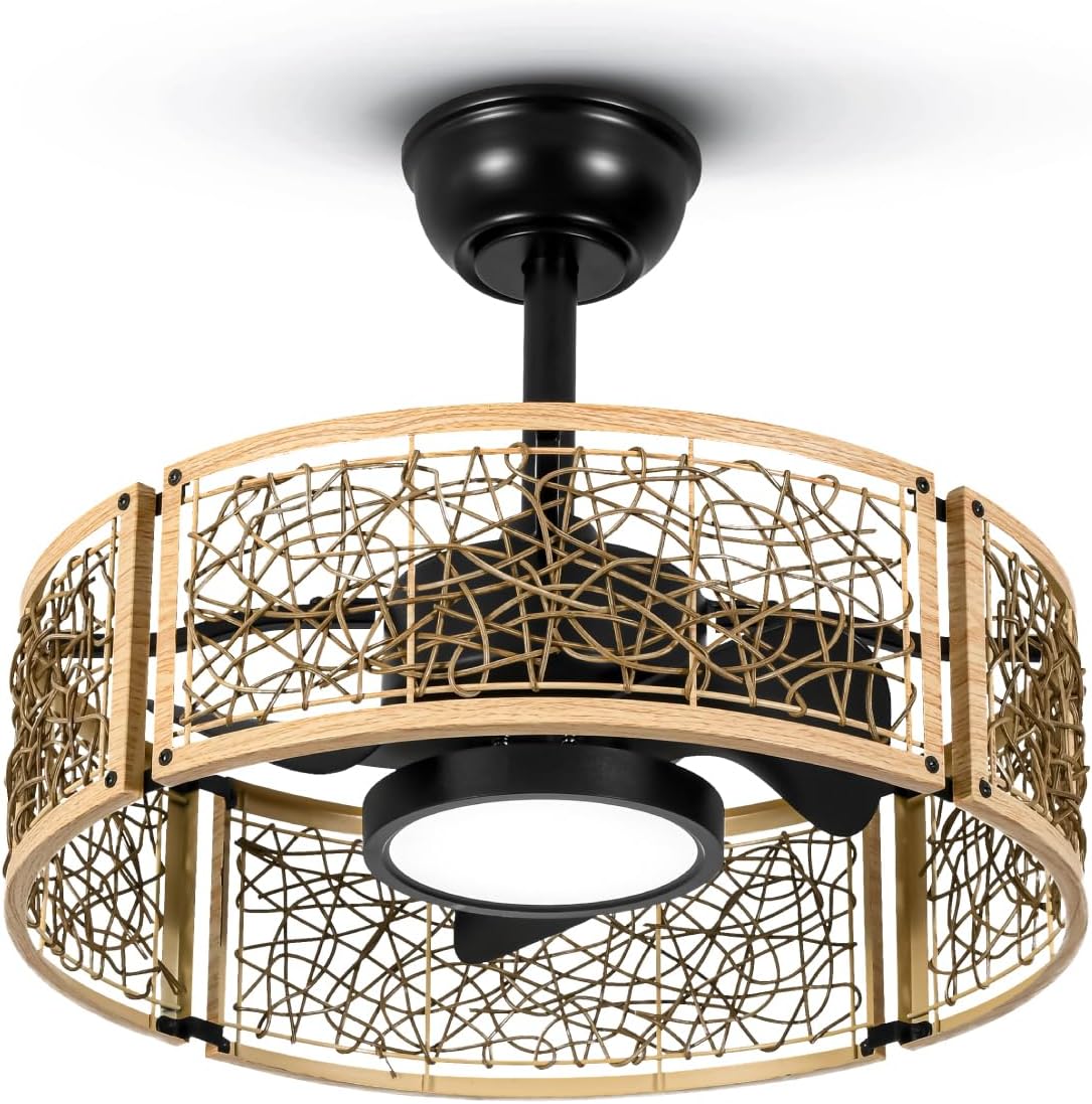 TALOYA 20 Inch Caged Ceiling Fans with Lights Chandelier Remote Control Flush Mount Low Profile for Bedroom Living Room Patio,Reversible,Buzzer Mute,Dimmable Led Light Included,Fandelier,Oak