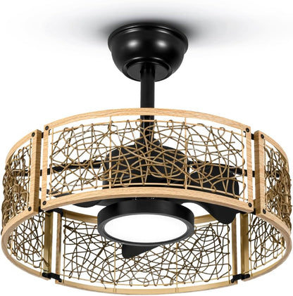 TALOYA 20 Inch Caged Ceiling Fans with Lights Chandelier Remote Control Flush Mount Low Profile for Bedroom Living Room Patio,Reversible,Buzzer Mute,Dimmable Led Light Included,Fandelier,Oak