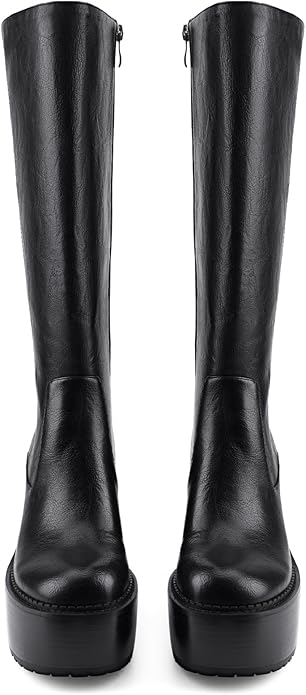 Platform Mid Calf Boots for Women High Heel Block Heel Women’s Tall Boots Square Toe Comfortable Casual Boots Trendy Stylish Shoes