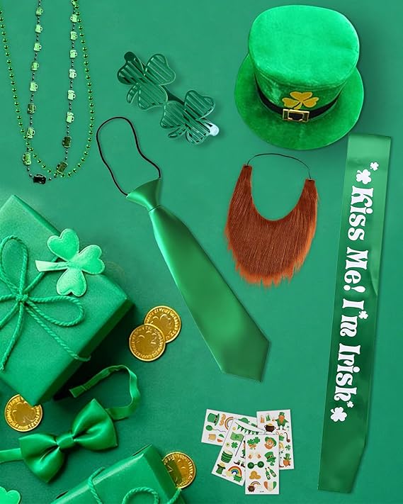 St. Patrick's Day Party Accessories Set, 52 Pcs Irish Celebration Costume Kit for adults with Hats, Bow Ties,Necktie,Beards,Shamrock Glasses, Necklaces,Wristbands,Sash for Irish Party Supplies