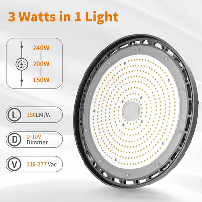 UFO LED High Bay Light 240W 36,000lm 0-10V Dimmable 5000K Daylight, High Bay LED Shop Light with US Plug 5’ Cable, Commercial LED Warehouse Lights, Factory Area Lighting Fixture
