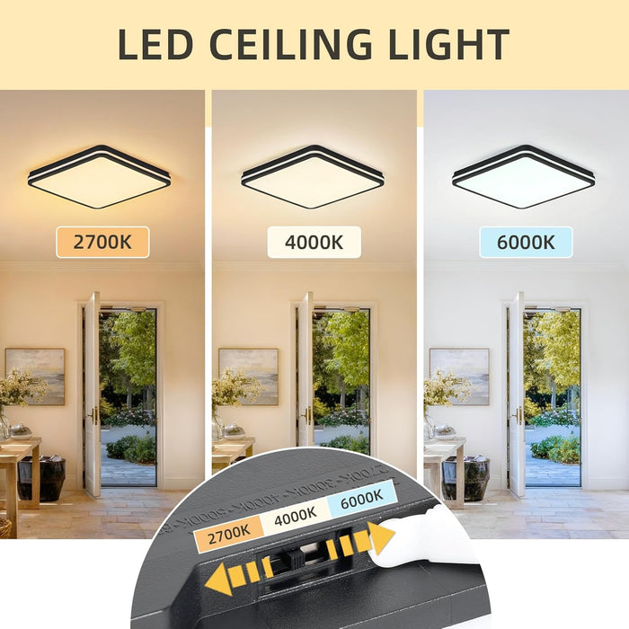 6PK 12 Inch LED Flush Mount Ceiling Light with Side Light, 40W, 2520LM, 3000K/4000K/6000K CCT Selectable, Black Square LED Ceiling Light for Hallway, Kitchen, Bedroom, Laundry Room