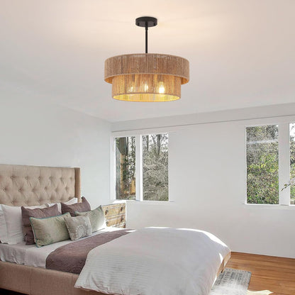 ZGKUYD Brown Boho Woven Rattan Chandelier, Adjustable Black Rod 2-Tier Drum Hanging Light, Brown Pendant Light for Dining Room/Kitchen Island