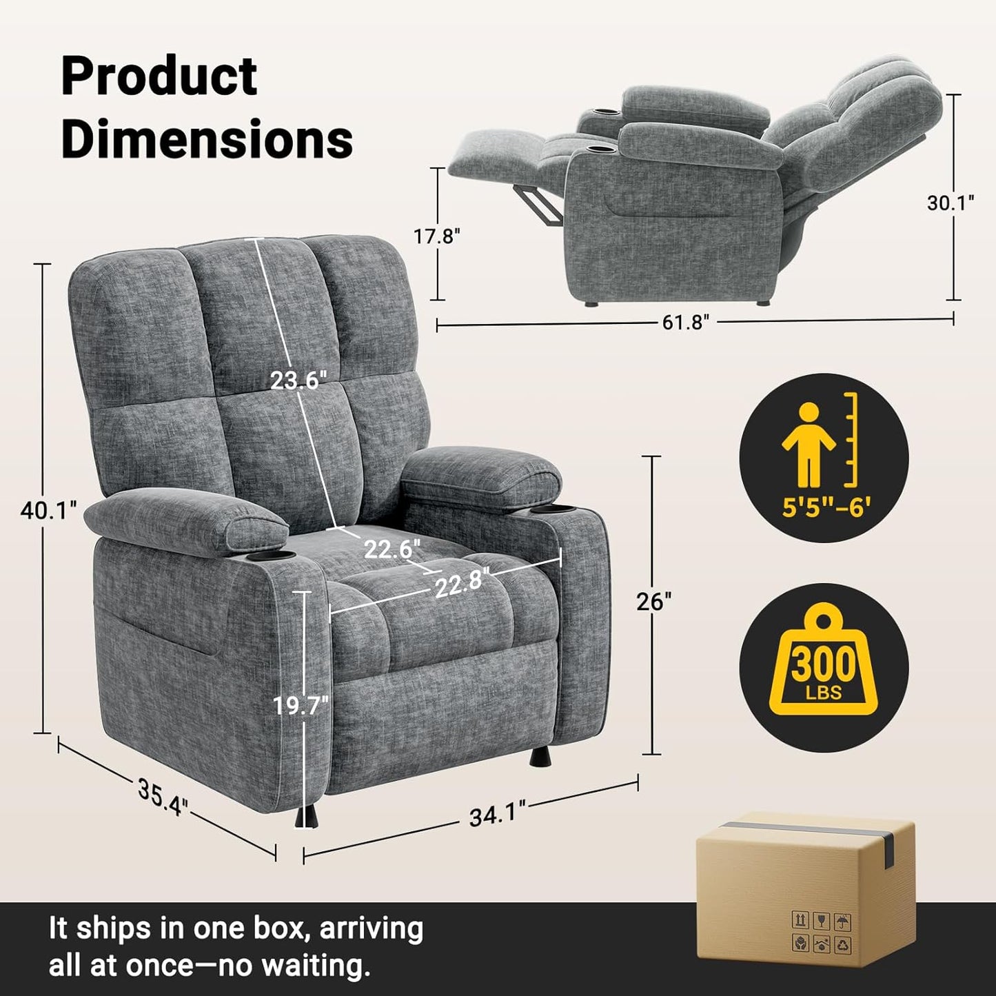 Amada Power Recliner Chair for Adults, Infinite Adjustable Chenille Electric Recliner with Cup Holder, USB Port, Side Pockets & Remote, Thick Seat Cushion, Reclining Chair for Living Room & Bedroom