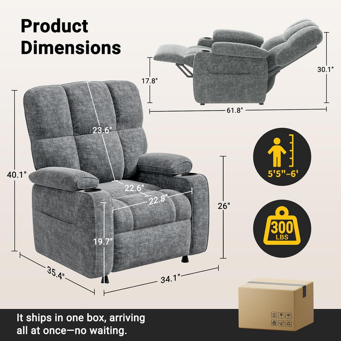 Amada Power Recliner Chair for Adults, Infinite Adjustable Chenille Electric Recliner with Cup Holder, USB Port, Side Pockets & Remote, Thick Seat Cushion, Reclining Chair for Living Room & Bedroom