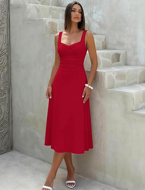 IWD Women's Square Neck A Line Midi Dress Ruched Waist Corset Flowy Elegant Wedding Guest Long Dresses