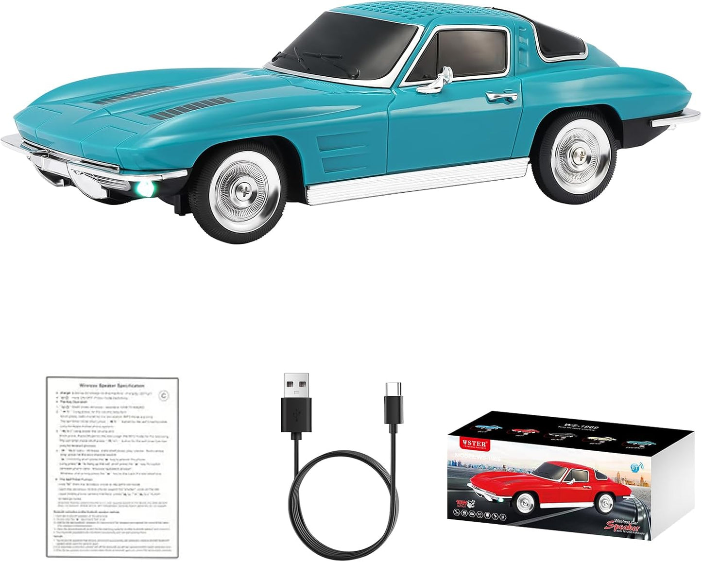 WS-1969 Retro Sports Car Bluetooth Replica Speaker – Portable Wireless Model with HD Sound, TWS Stereo Pairing, FM Radio, USB/TF Playback, LED Headlights & Taillights, Built-in Mic (Green)