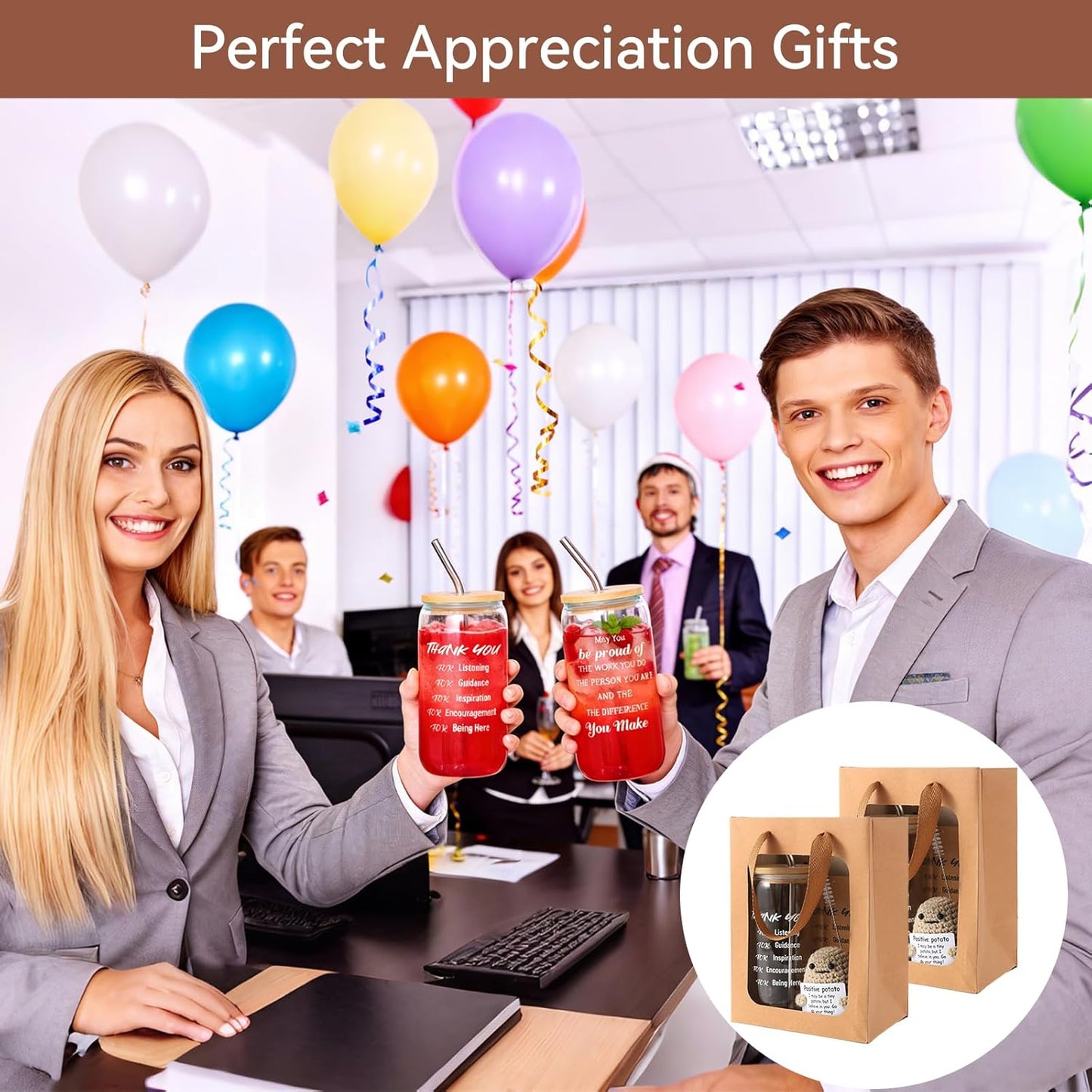 42 Pcs/6 Sets Employee appreciation gifts bulk - Includes 16oz glass cups with bamboo lid, Positive crochet, Kraft paper gift bags & straw - Thank you gifts for coworkers, Teachers, Staff & Team