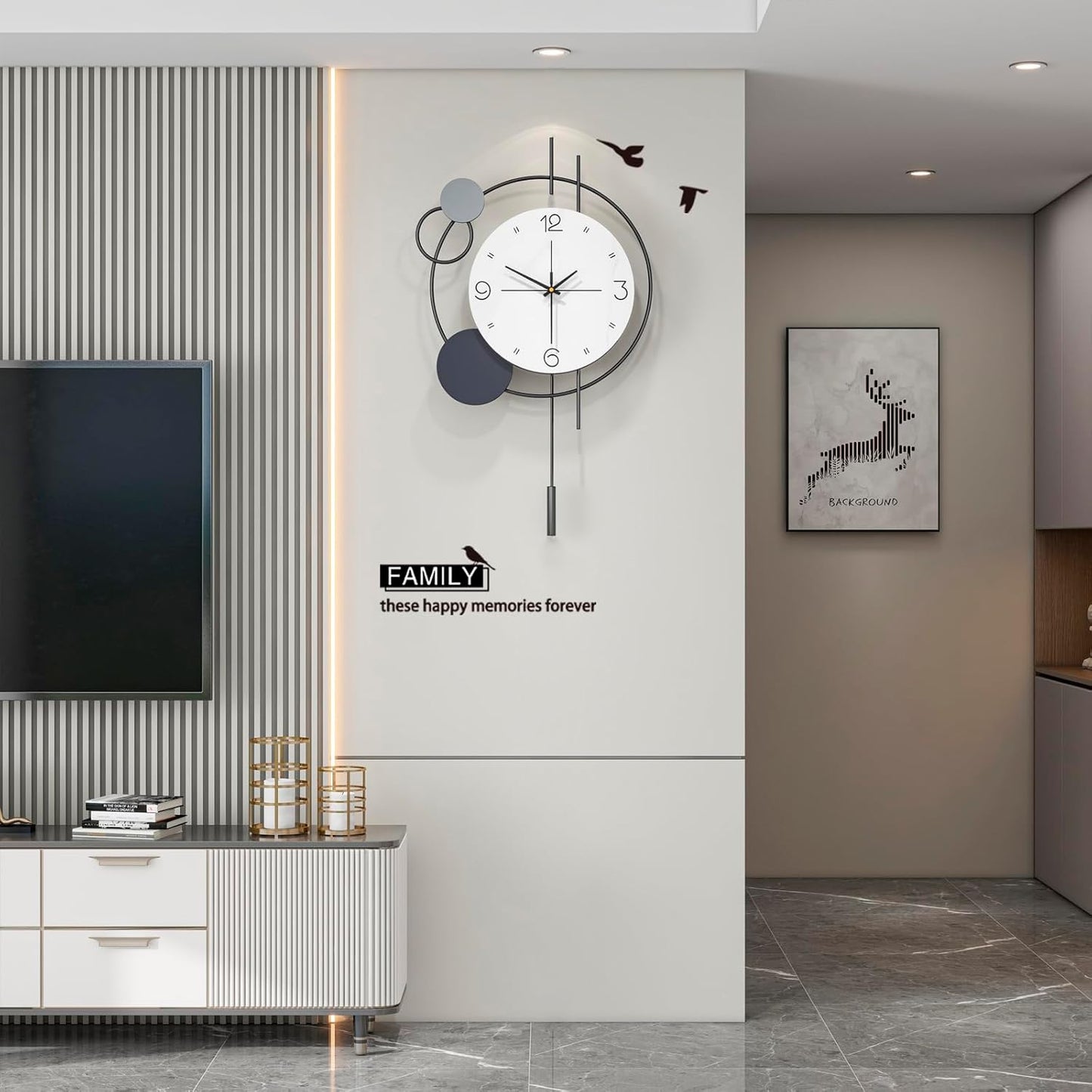 JTWALCLOCK Decorative Wall Clock for Living Room Decor Large Modern Black Metal Wall Clock with Pendulum Battery Operated Non Ticking 15 Inch Big Silent Clock for Kitchen Office Bedroom Home Decor