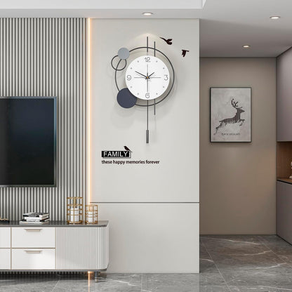 JTWALCLOCK Decorative Wall Clock for Living Room Decor Large Modern Black Metal Wall Clock with Pendulum Battery Operated Non Ticking 15 Inch Big Silent Clock for Kitchen Office Bedroom Home Decor