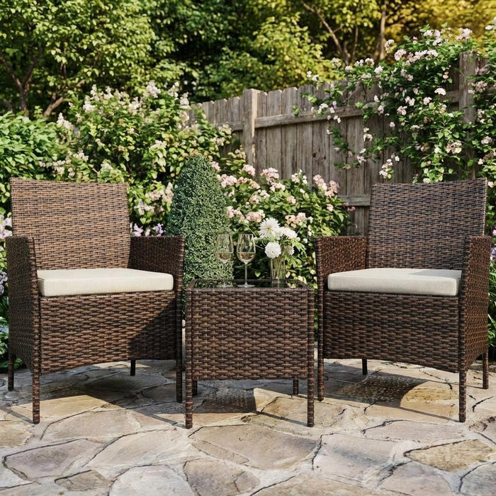 3PCS Outdoor Patio Bistro Set, PE Rattan Wicker Armchairs with Water-Resistant Cushions & Tempered Glass Coffee Table, All-Weather Conversation Set for Garden, Backyard, Porch, Poolside, Brown/Beige