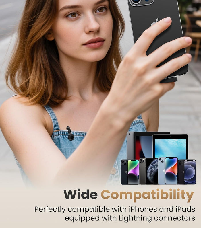 Tisino mini Wireless Lavalier Microphone for iPhone with Lighting Plug, Noise Reduction Mini Clip-on Lapel Mic with Charging Case, Portable for YouTube, TikTok, Vlog, Podcast, Interview Black