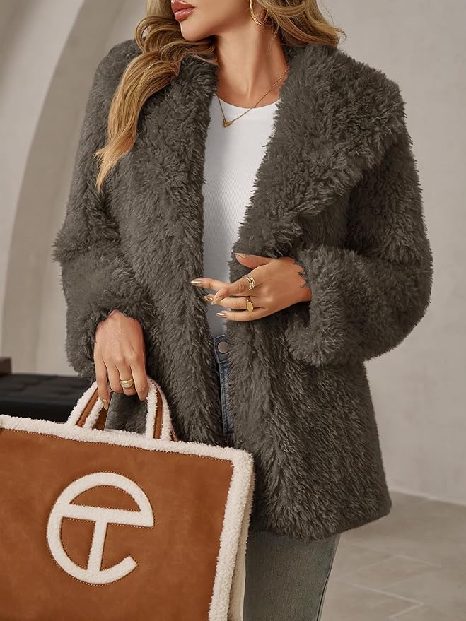 Tankaneo Womens Oversized Faux Fur Coat Lapel Collar Open Front Fuzzy Jackets Winter Warm Fluffy Outerwear