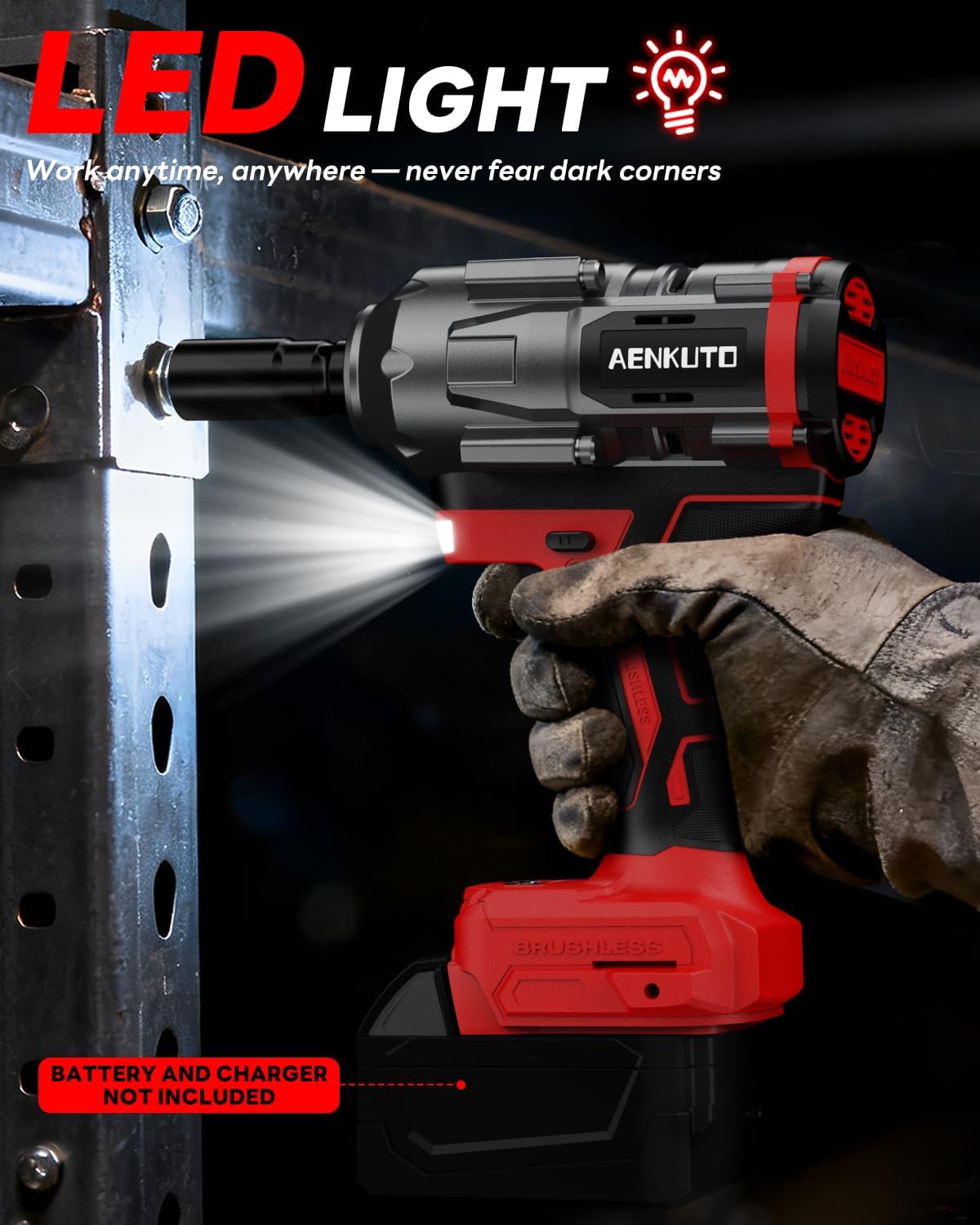 Cordless Impact Wrench for Milwaukee 18V,1500Nm (1106 Ft-Lbs) 1/2" Brushless Impact Gun, LED Work Light, 3-Speed High Torque Power Tool for Tire Removal, Rusted Bolts (No Battery)