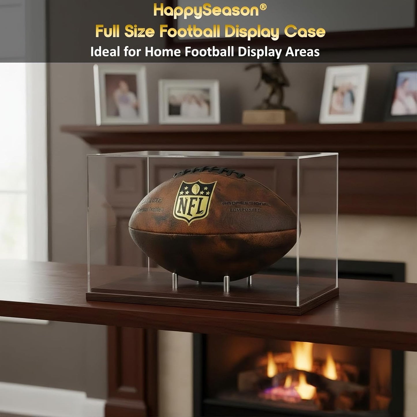 Happyseason Football Display Case, Walnut Wood Base, One-Piece Acrylic, Stainless Steel Rods, Clear Signed Football Holder, Full Size Autograph Football Display Stand, No Assembly Needed