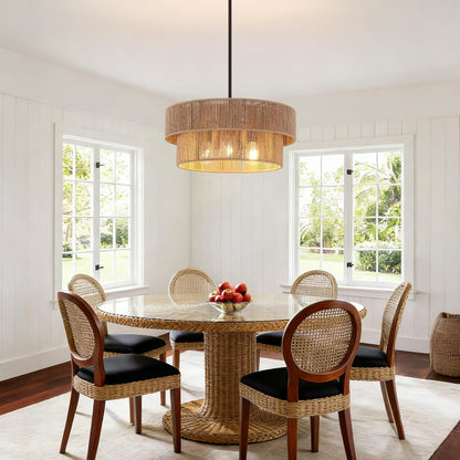 ZGKUYD Brown Boho Woven Rattan Chandelier, Adjustable Black Rod 2-Tier Drum Hanging Light, Brown Pendant Light for Dining Room/Kitchen Island