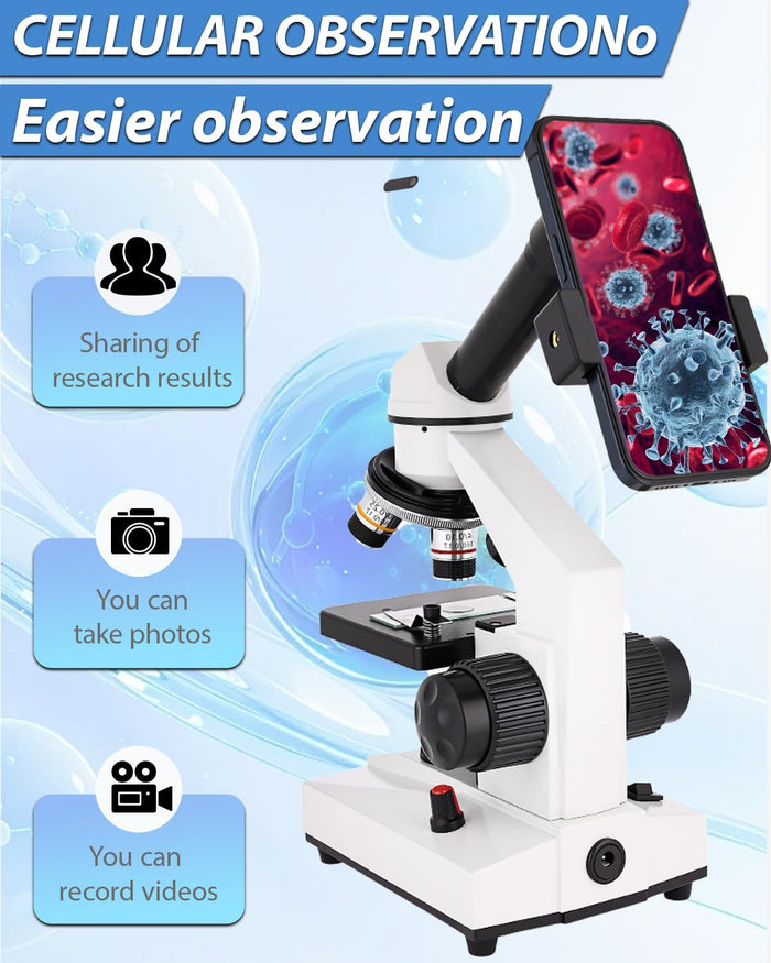 Compound Microscope, 2000x Magnification, with Smartphone Adapter, Slide Set, Dual LED Illumination System, Adult Microscope, Suitable for Beginners and Laboratory use (Compound Microscope)