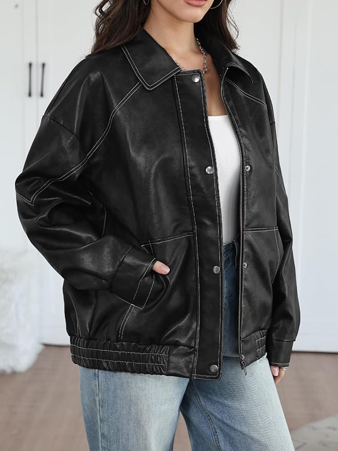 Trendy Queen Women's Oversized Leather Jackets Fall Motorcycle Bomber Winter Coats 2026