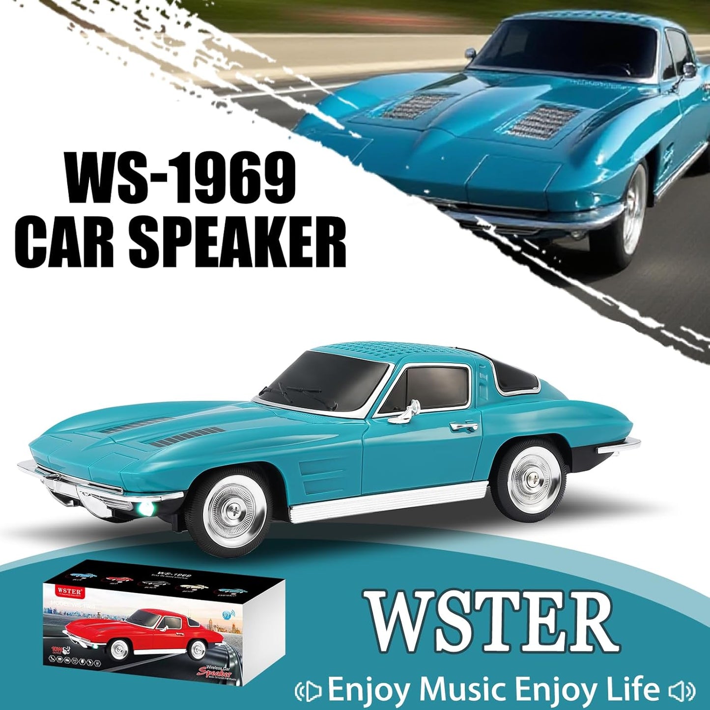WS-1969 Retro Sports Car Bluetooth Replica Speaker – Portable Wireless Model with HD Sound, TWS Stereo Pairing, FM Radio, USB/TF Playback, LED Headlights & Taillights, Built-in Mic (Green)
