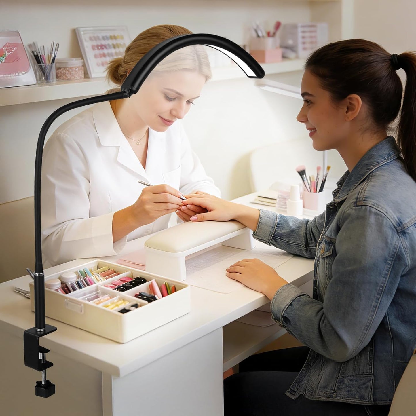 ebrlaxin Half Moon Desk Light for Nail Tech, Eyelash Extensions, Tattoo Art, Skincare, Crafting, Reading, and Office Use - Adjustable Brightness and 3 Color Modes in a Versatile Table Lamp