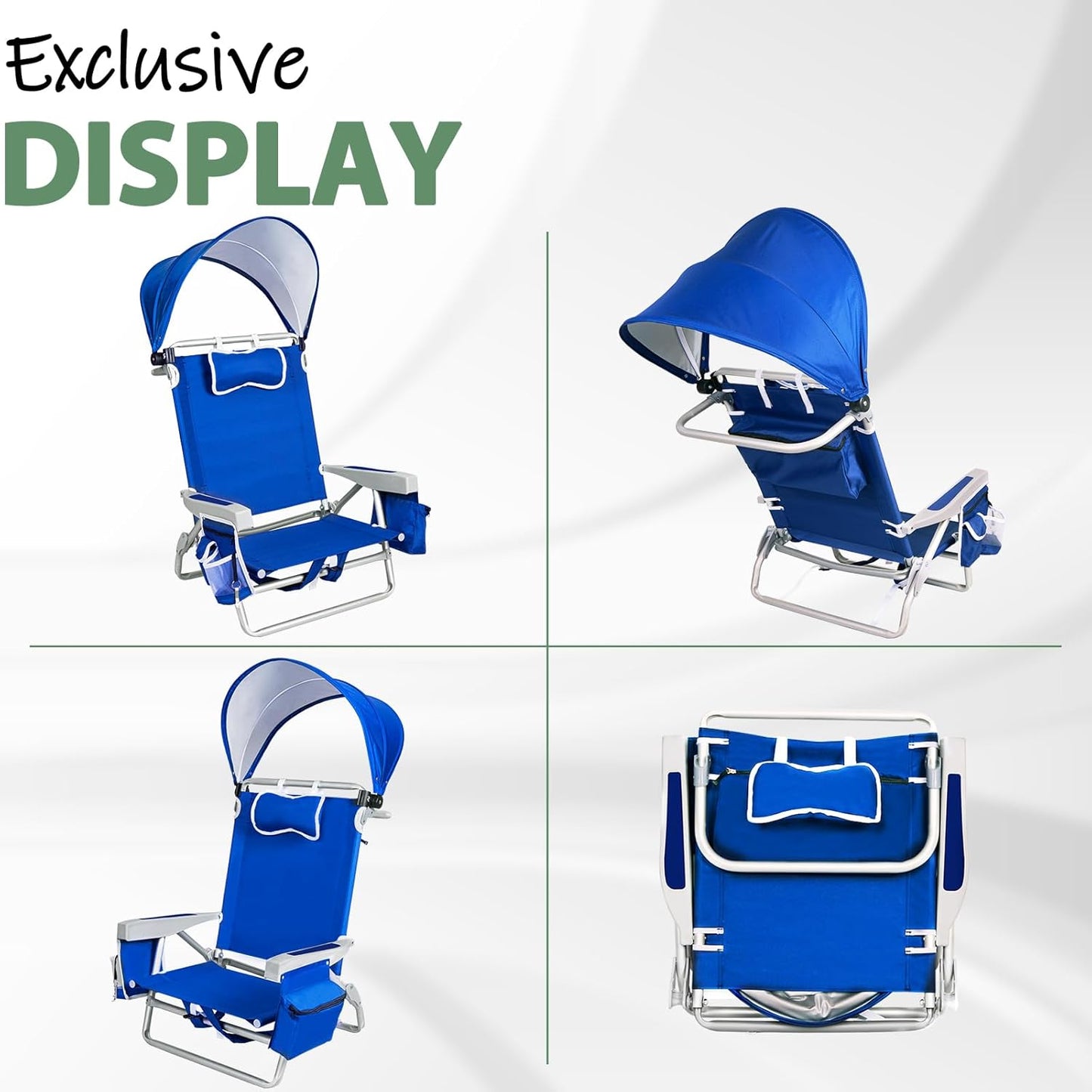 Romswi Extra Wide Beach Chair with Canopy Shade, 1 Pack Aluminum Folding Chairs with Detachable & Adjustable Umbrella, 5-Position Lay Flat, Cooler Bag, Cup & Phone Holder, Towel Bar, Royal Blue