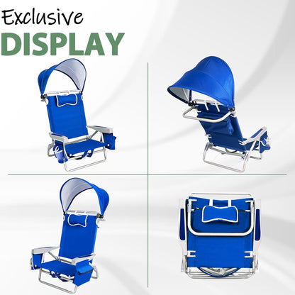 Romswi Extra Wide Beach Chair with Canopy Shade, 1 Pack Aluminum Folding Chairs with Detachable & Adjustable Umbrella, 5-Position Lay Flat, Cooler Bag, Cup & Phone Holder, Towel Bar, Royal Blue