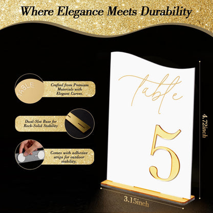 Gold Mirrored Acrylic Wedding Table Numbers Set, Self-Standing Modern Arched Signs for Reception Seating, Anniversary & Bridal Shower, Elegant Wedding Decor (5x7 Inches)