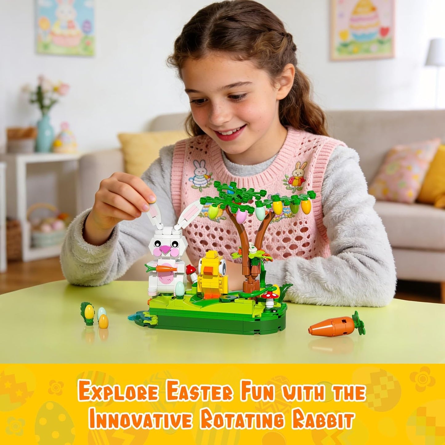 Easter Egg Hunt Bunny Building Rotate Toy Set - Movable Ears Forest Base Running Water Rotating Mechanism to Rotate Bunny Tree, Chick Rabbit Festival Decoration Gifts for Kids Adults Boys Girls 8+