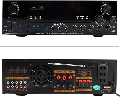 3000W Peak 5.1-Channel Home Audio Power Amplifier – HiFi Stereo Amplifier with Subwoofer, 3 Microphone Inputs, USB/SD Card Reader, Remote Control for Karaoke & Home Theater
