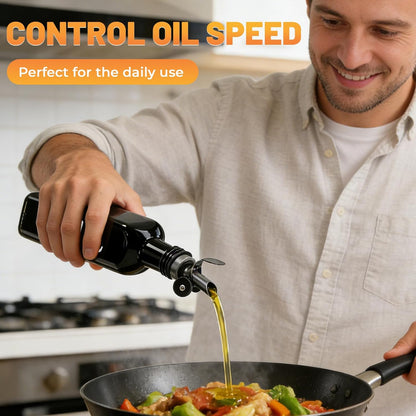 Oil and Vinegar Dispenser Set of 2, 17oz/500ml Extra Thick Glass Oil & Vinegar Cruet with Stainless Steel Pourer, Leak‑Proof Spout, Funnel & Cleaning Brush for Kitchen Cooking (Black)