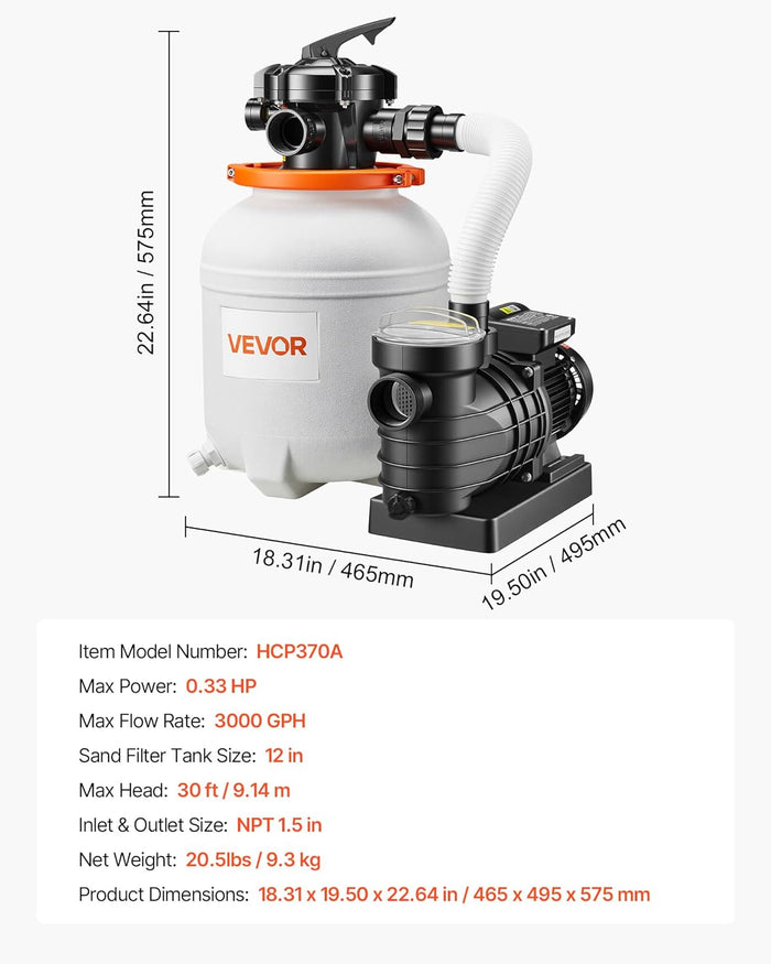 VEVOR 12 in Sand Filter Pump for Above Ground Pool, 0.33 HP 3000 GPH, Swimming Pool Sand Filter Pump with Pre-Assembled Core & Leak-Resistant Design, 6-Way Valve, High-Efficiency Filtration for Pools