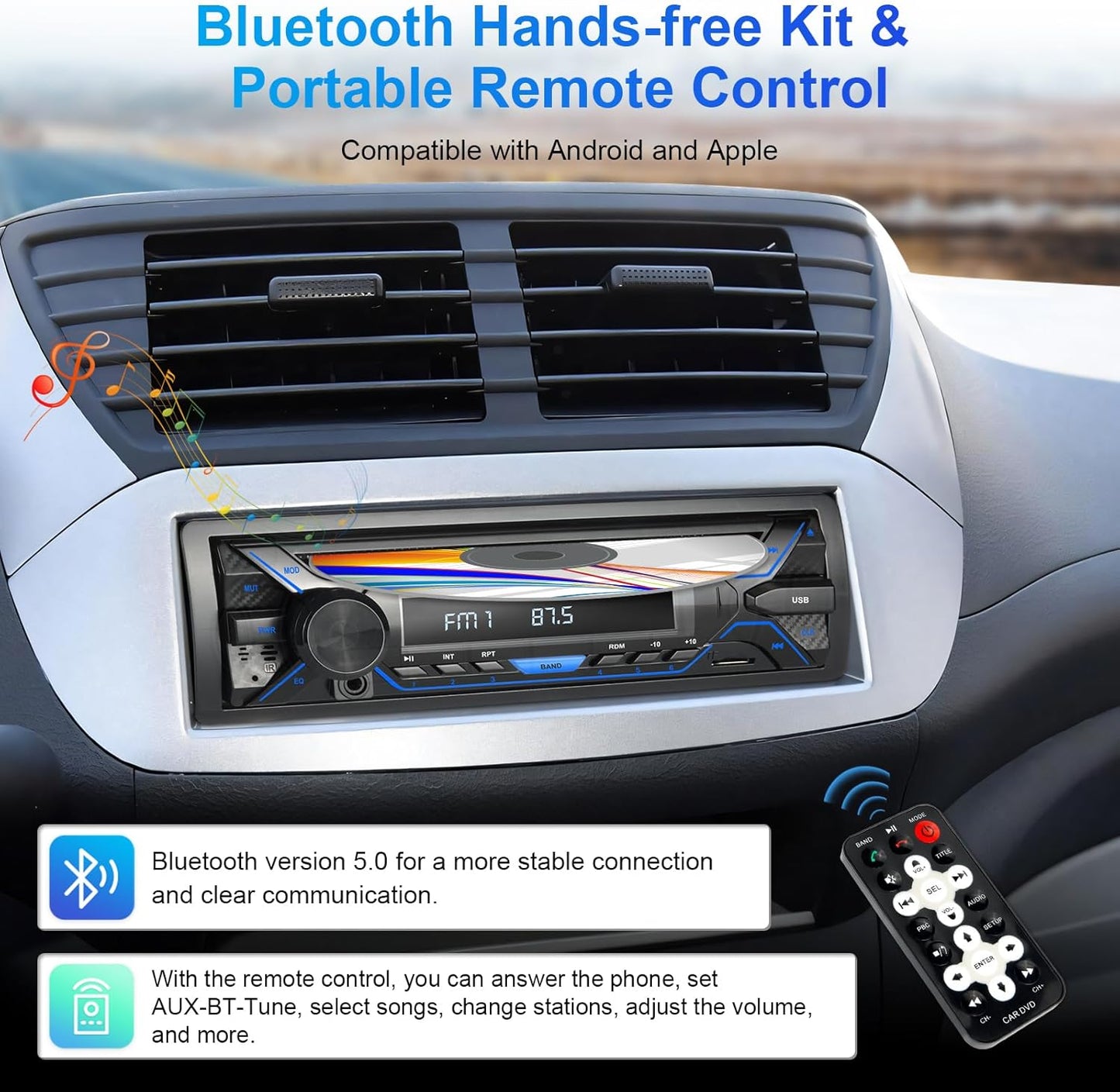 Single Din Car Stereo with CD/DVD Player, Single Din Radio with SD Card/AUX/USB Playback, AM/FM