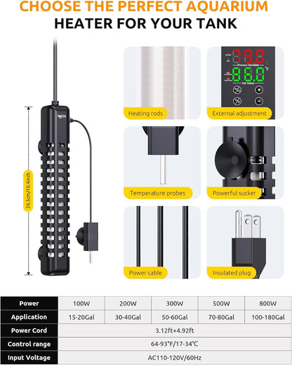 SEAOURA Aquarium Heater, 300W Fish Tank Heater for 50-60 Gallon, Submersible Heater for Fish Tank with Over-Temperature Protection, Automatic Power-Off, Saltwater Freshwater