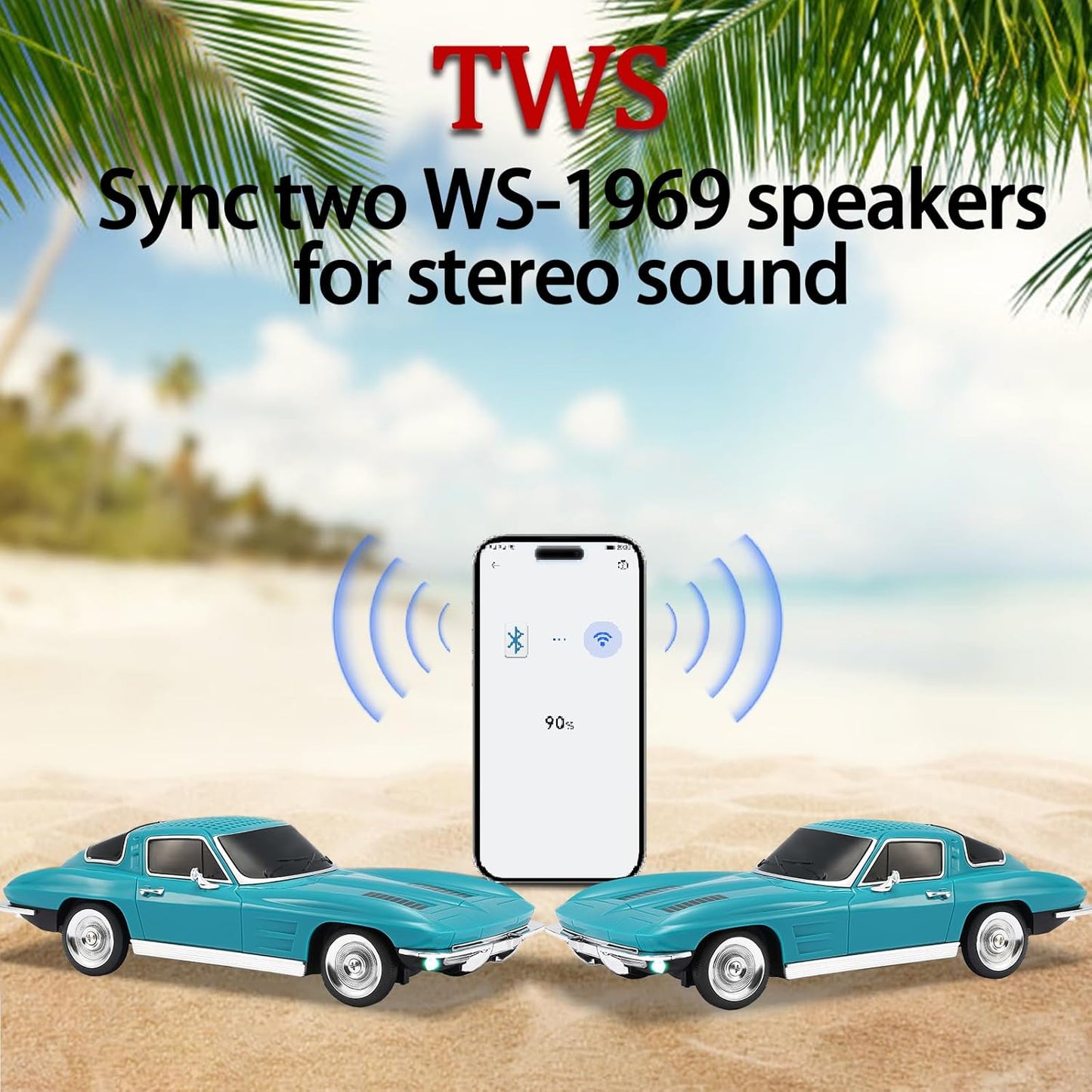 WS-1969 Retro Sports Car Bluetooth Replica Speaker – Portable Wireless Model with HD Sound, TWS Stereo Pairing, FM Radio, USB/TF Playback, LED Headlights & Taillights, Built-in Mic (Green)