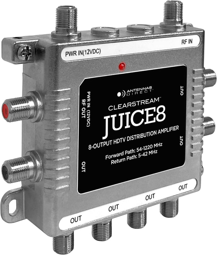 Antennas Direct JUICE8 TV Antenna Distribution Amplifier, 8-Output, Weatherproof, Silver
