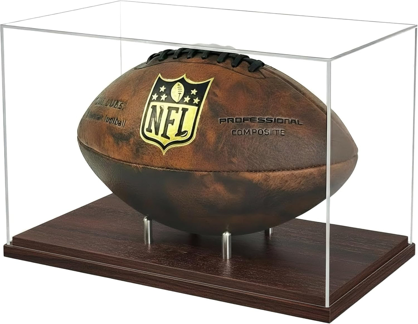 Happyseason Football Display Case, Walnut Wood Base, One-Piece Acrylic, Stainless Steel Rods, Clear Signed Football Holder, Full Size Autograph Football Display Stand, No Assembly Needed